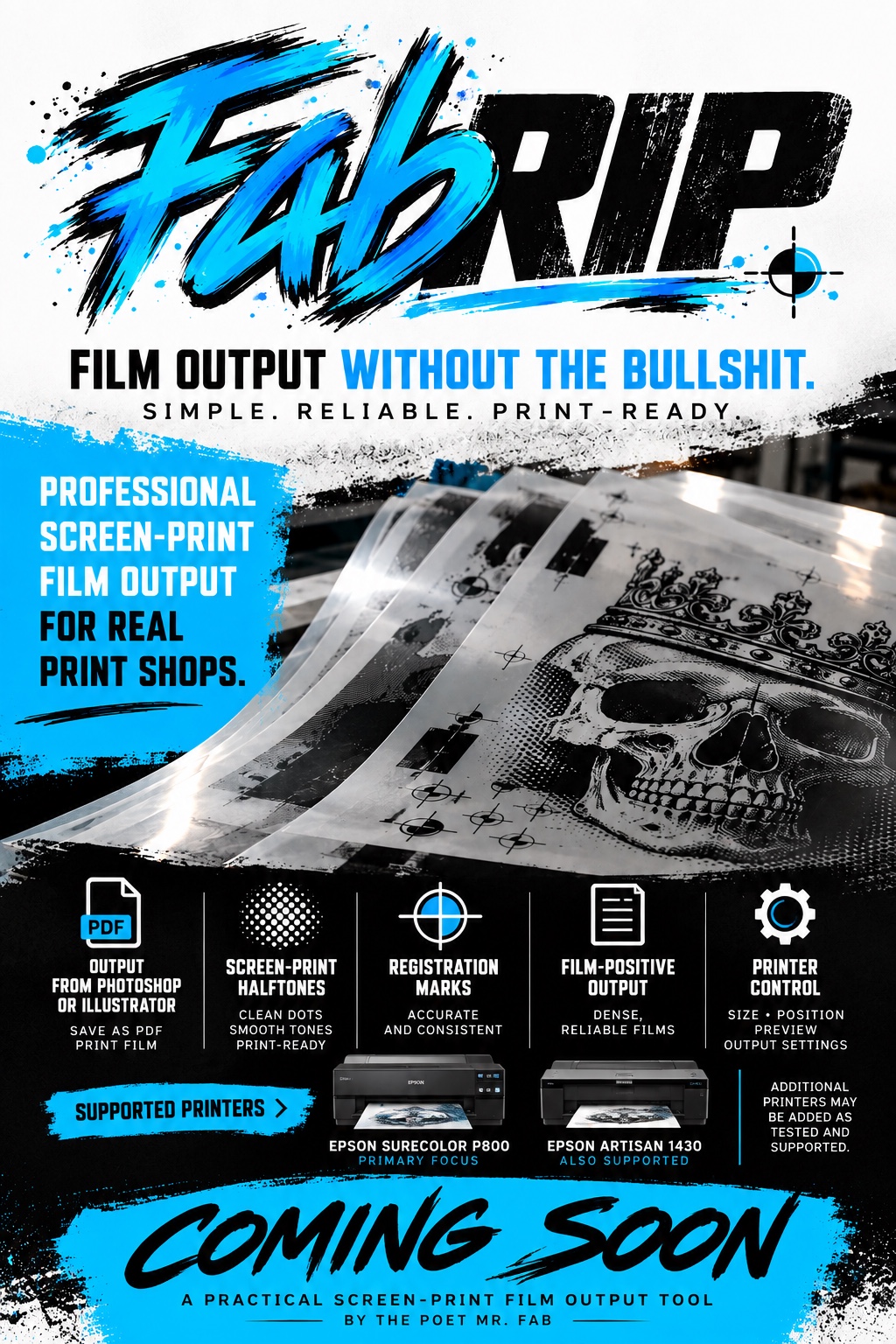 FabRIP coming-soon poster promoting screen-print film output, halftones, registration marks, and printer control.