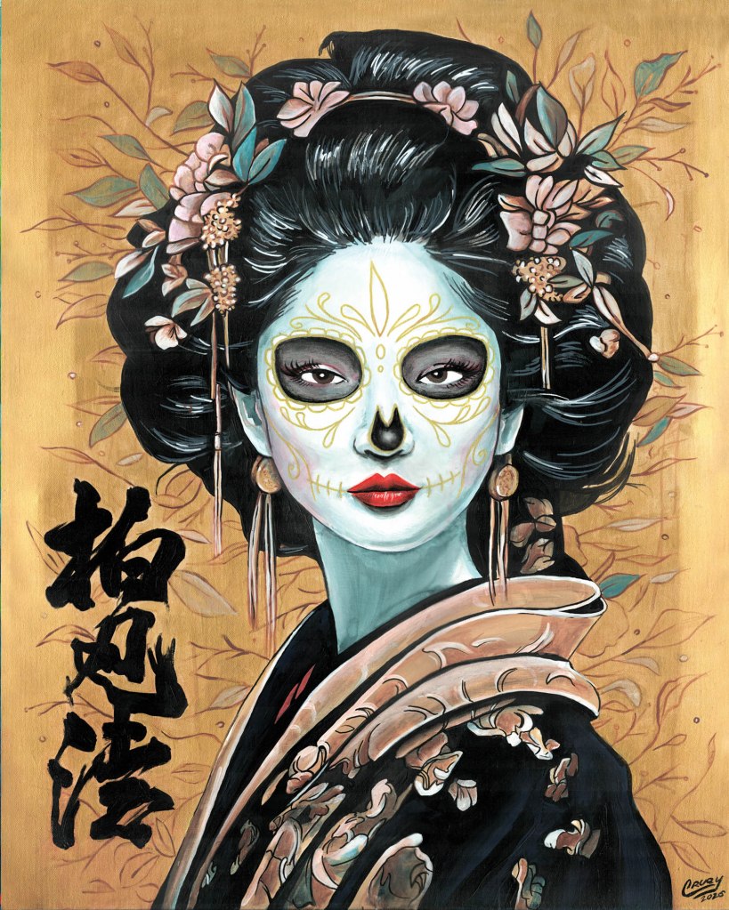 Dharma in the Filigree, a colorful Pop Skullture portrait painting by David Cruey.
