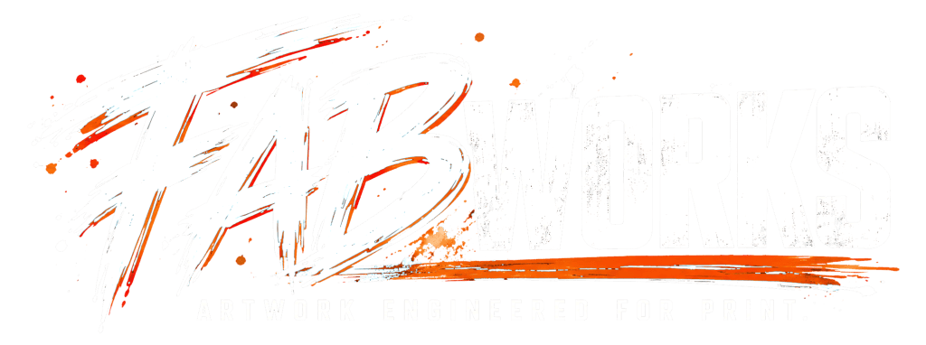 FABWORKS logo, Artwork Engineered for Print, in white with orange accents