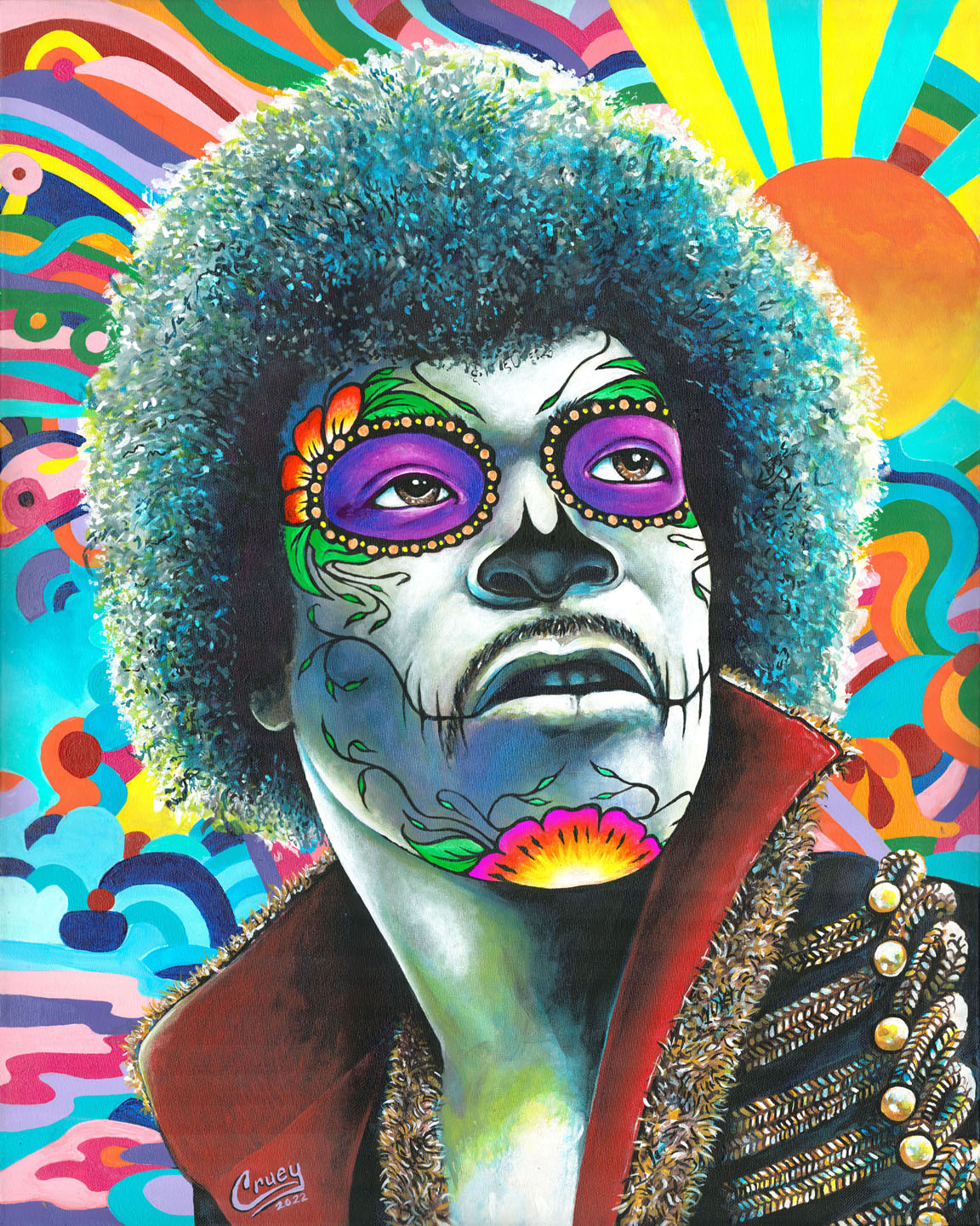 Kiss the Sky, a colorful Pop Skullture portrait painting by David Cruey.