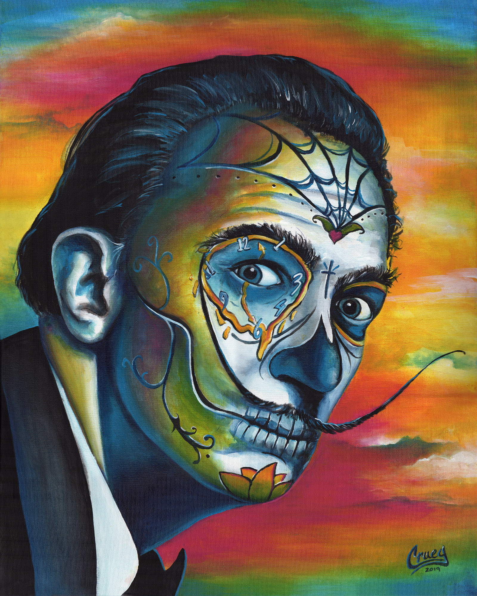 Maddened Intelligence, a colorful Pop Skullture portrait painting by David Cruey.
