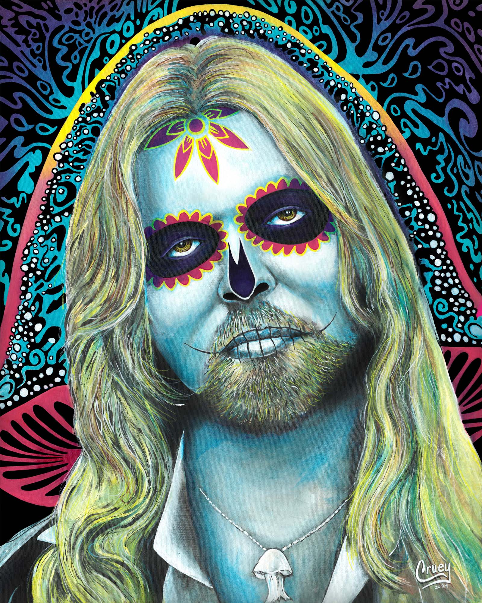 Mystics Gate, a colorful Pop Skullture portrait painting by David Cruey.
