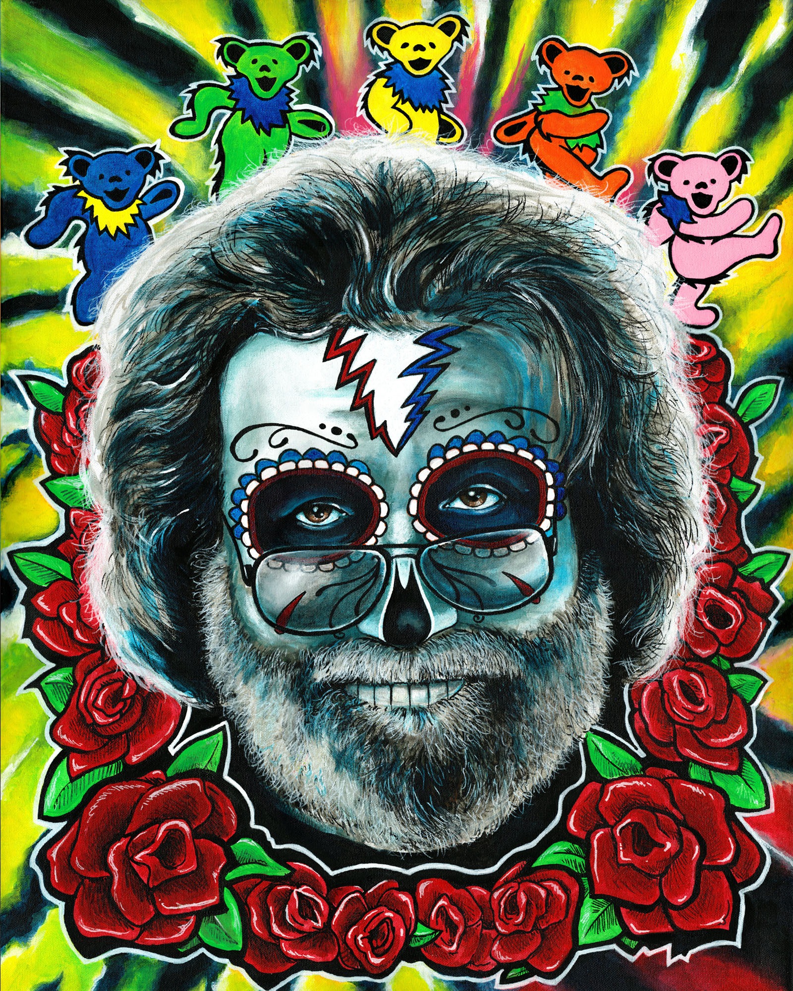 Textures of Malaback, a colorful Pop Skullture portrait painting by David Cruey.