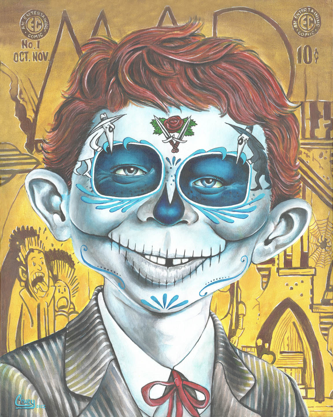 What Me Worry, a colorful Pop Skullture portrait painting by David Cruey.